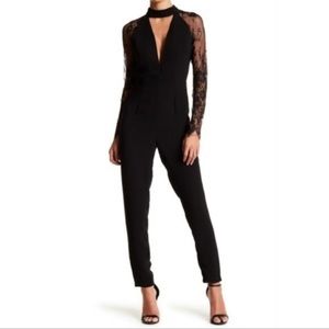 DO& BE Mock Neck Lace Sleeve Jumpsuit in Black